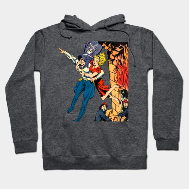 Masked Superhero Rescuing Beautiful Girl from Fire Building Firefighters Fire Retro Comic Vintage Hoodie by REVISTANGO